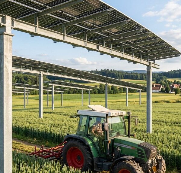 Hoch aufgeständerte Agri-Photovoltaik-Module über einem landwirtschaftlichen Feld, darunter fährt ein Traktor durch die Kultur