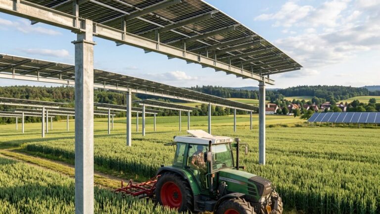 Hoch aufgeständerte Agri-Photovoltaik-Module über einem landwirtschaftlichen Feld, darunter fährt ein Traktor durch die Kultur
