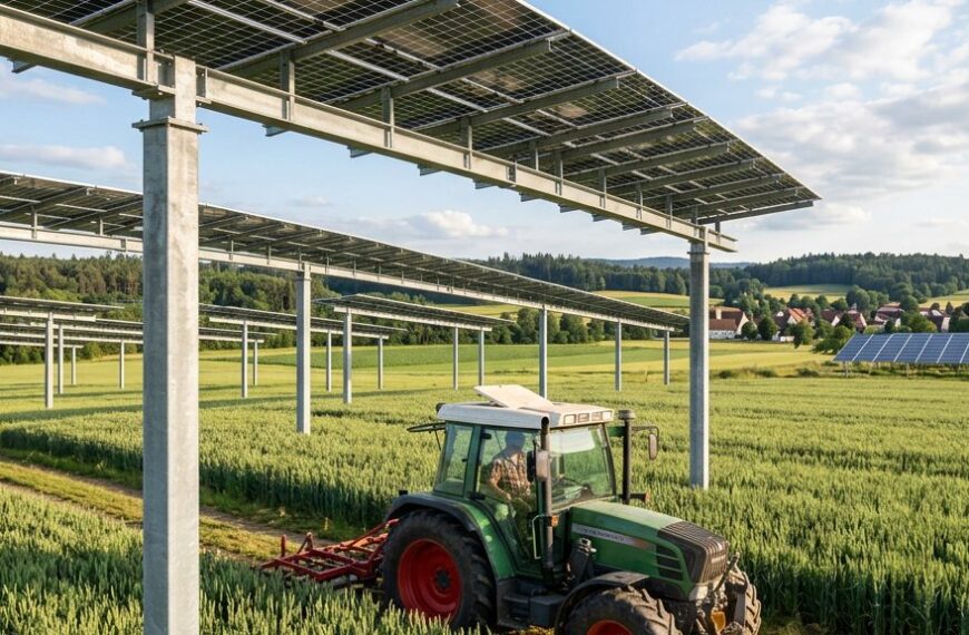 Hoch aufgeständerte Agri-Photovoltaik-Module über einem landwirtschaftlichen Feld, darunter fährt ein Traktor durch die Kultur