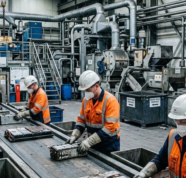 Industrielle Batterierecycling-Anlage: Mitarbeitende sortieren gebrauchte Lithium-Ionen-Batteriemodule auf einem Förderband