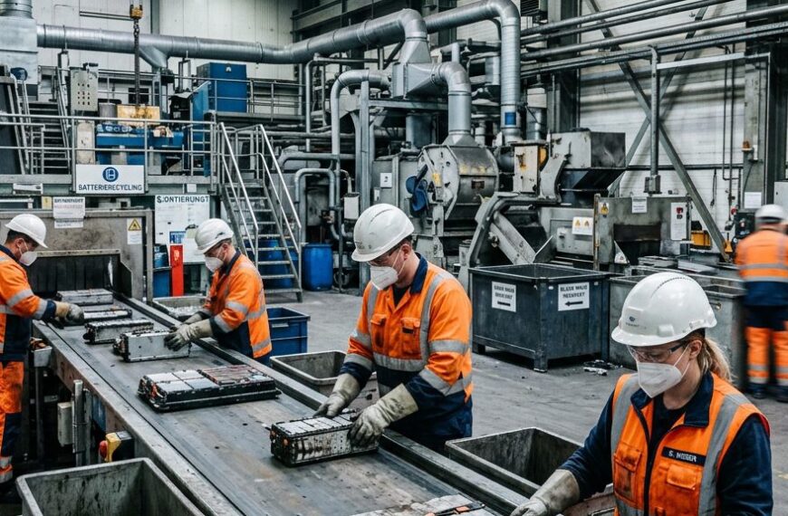 Industrielle Batterierecycling-Anlage: Mitarbeitende sortieren gebrauchte Lithium-Ionen-Batteriemodule auf einem Förderband