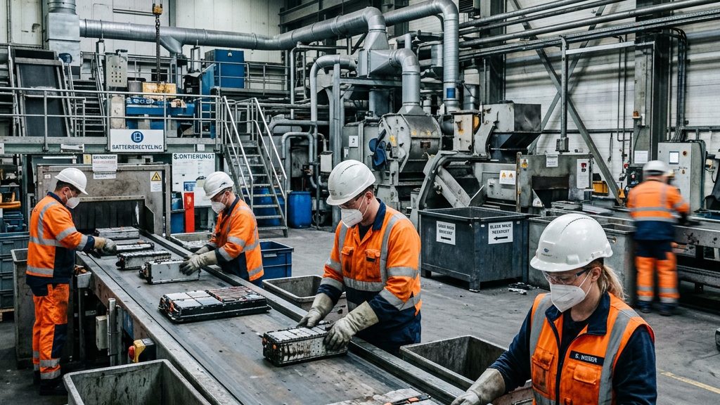 Industrielle Batterierecycling-Anlage: Mitarbeitende sortieren gebrauchte Lithium-Ionen-Batteriemodule auf einem Förderband