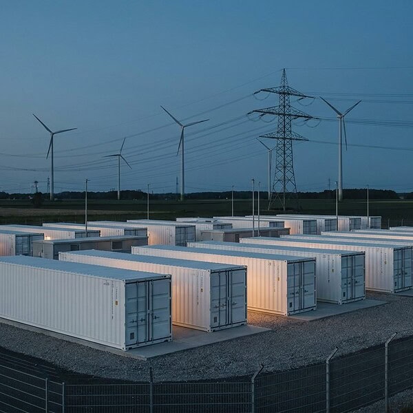 Batteriegroßspeicher in Deutschland: Reihen weißer Speichercontainer bei Abenddämmerung, im Hintergrund Windräder und Hochspannungsmasten