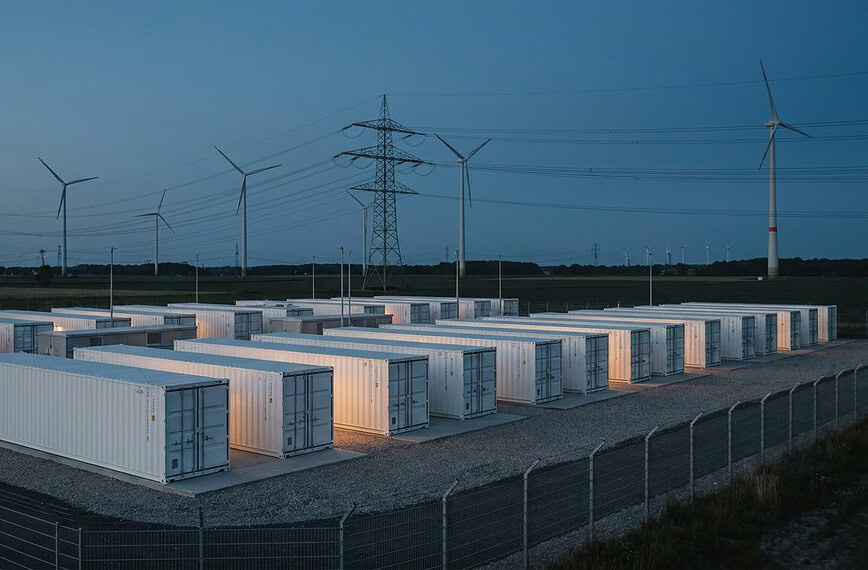 Batteriegroßspeicher in Deutschland: Reihen weißer Speichercontainer bei Abenddämmerung, im Hintergrund Windräder und Hochspannungsmasten