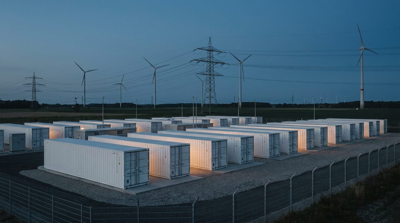 Batteriegroßspeicher in Deutschland: Reihen weißer Speichercontainer bei Abenddämmerung, im Hintergrund Windräder und Hochspannungsmasten