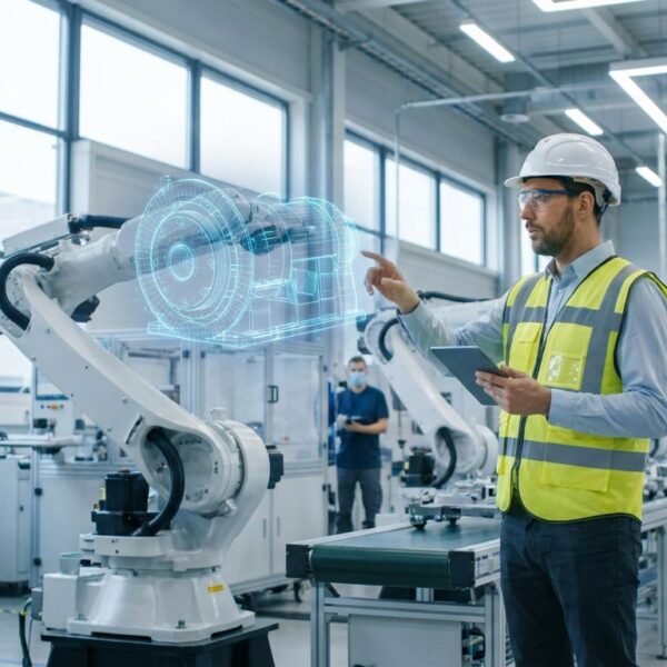 Ingenieur betrachtet in einer Fabrikhalle per Tablet den digitalen Zwilling einer Industrieanlage als virtuelles Modell