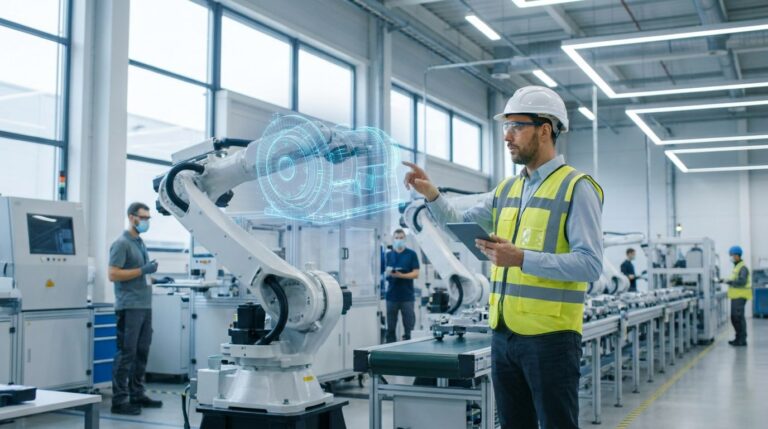Ingenieur betrachtet in einer Fabrikhalle per Tablet den digitalen Zwilling einer Industrieanlage als virtuelles Modell