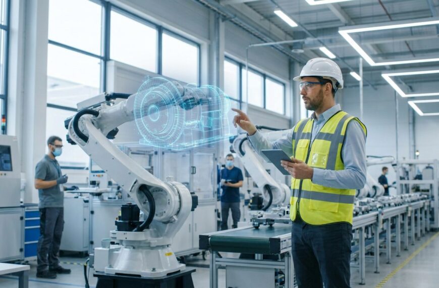 Ingenieur betrachtet in einer Fabrikhalle per Tablet den digitalen Zwilling einer Industrieanlage als virtuelles Modell