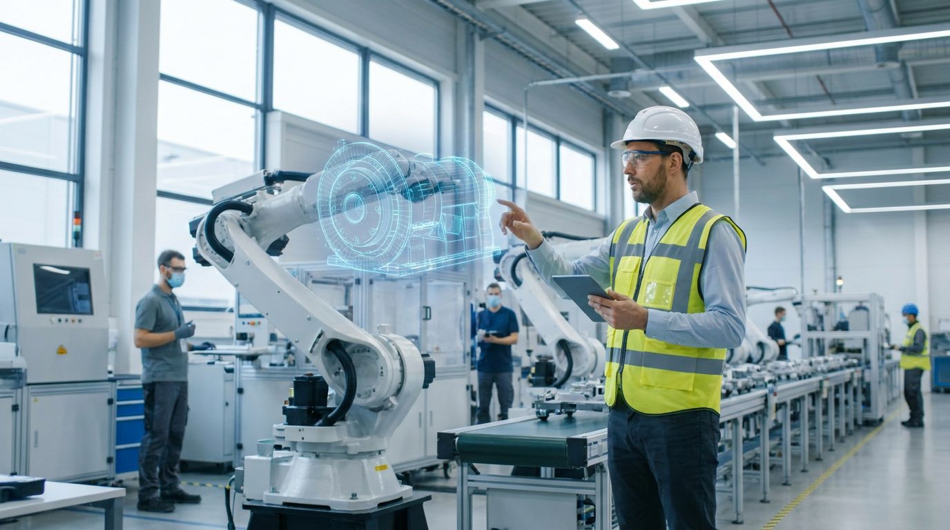 Ingenieur betrachtet in einer Fabrikhalle per Tablet den digitalen Zwilling einer Industrieanlage als virtuelles Modell