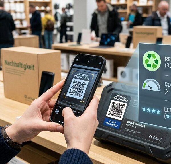 Smartphone scannt QR-Code eines digitalen Produktpasses auf einem Produktetikett, mit Symbolen zu Recycling und CO2-Fussabdruck