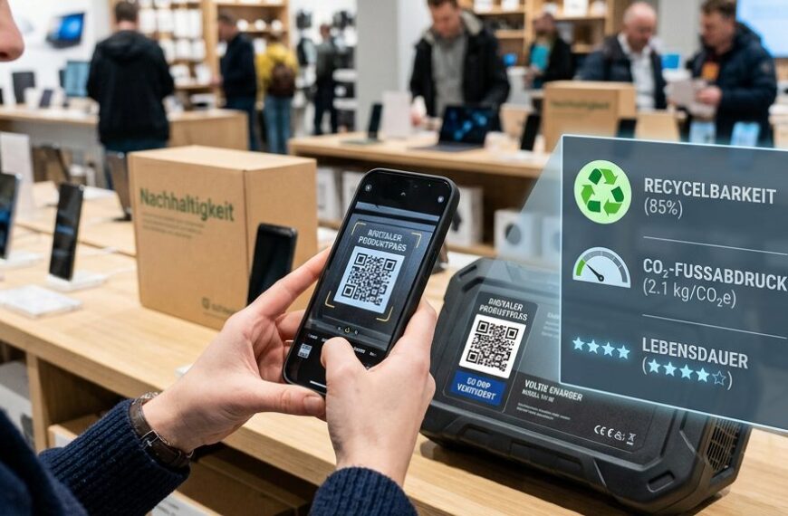 Smartphone scannt QR-Code eines digitalen Produktpasses auf einem Produktetikett, mit Symbolen zu Recycling und CO2-Fussabdruck