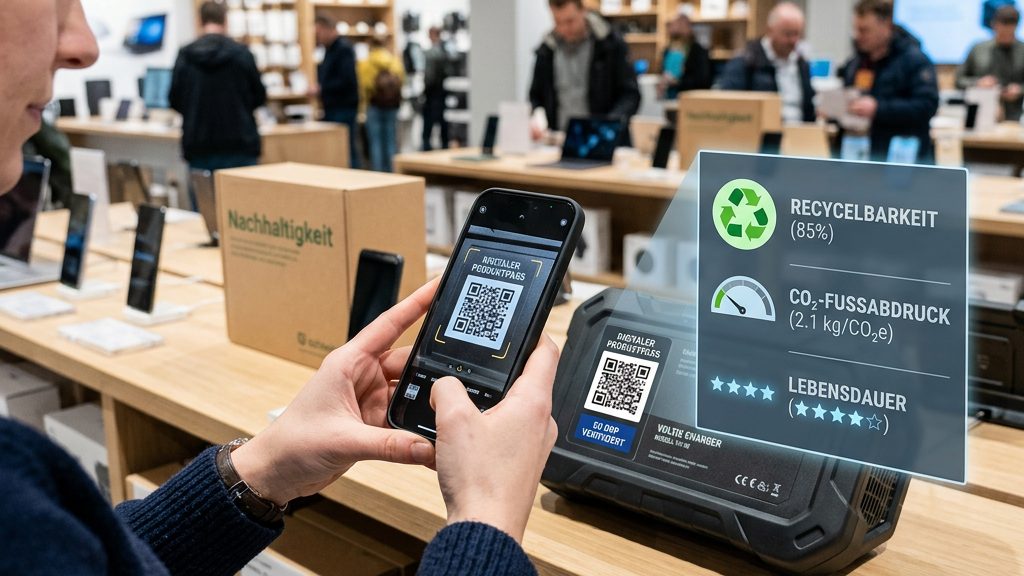 Smartphone scannt QR-Code eines digitalen Produktpasses auf einem Produktetikett, mit Symbolen zu Recycling und CO2-Fussabdruck