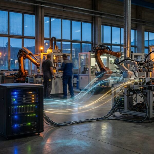 Edge-Computing-Server in einer deutschen Industriehalle verarbeitet Maschinendaten direkt vor Ort
