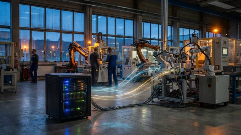 Edge-Computing-Server in einer deutschen Industriehalle verarbeitet Maschinendaten direkt vor Ort