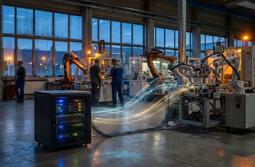 Edge-Computing-Server in einer deutschen Industriehalle verarbeitet Maschinendaten direkt vor Ort