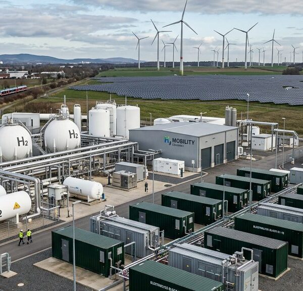 Elektrolyseanlage zur Erzeugung von grünem Wasserstoff mit Windkraftanlagen im Hintergrund