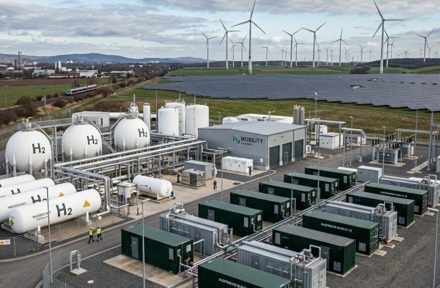 Elektrolyseanlage zur Erzeugung von grünem Wasserstoff mit Windkraftanlagen im Hintergrund