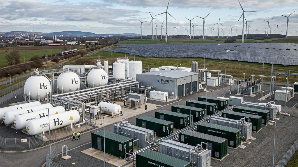 Elektrolyseanlage zur Erzeugung von grünem Wasserstoff mit Windkraftanlagen im Hintergrund