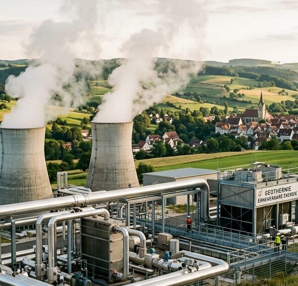 Geothermie-Heizwerk mit dampfenden Kühltürmen und Rohrleitungen vor einer bayerischen Kleinstadt mit Kirchturm