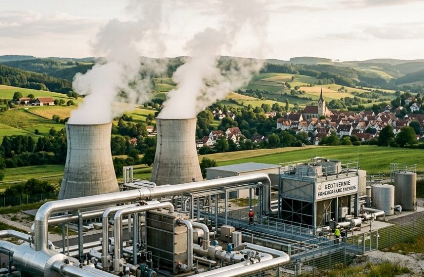 Geothermie-Heizwerk mit dampfenden Kühltürmen und Rohrleitungen vor einer bayerischen Kleinstadt mit Kirchturm