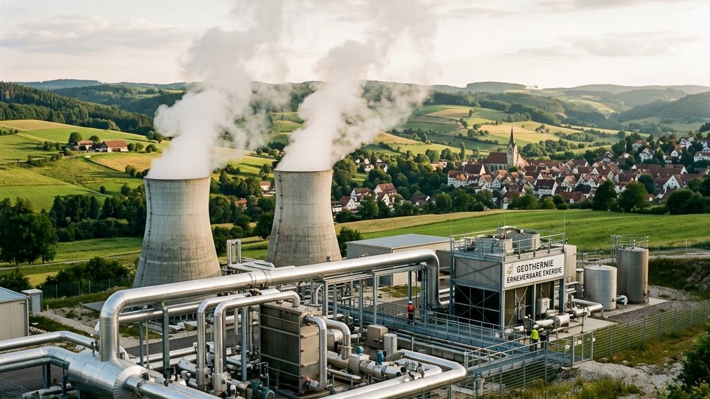 Geothermie-Heizwerk mit dampfenden Kühltürmen und Rohrleitungen vor einer bayerischen Kleinstadt mit Kirchturm
