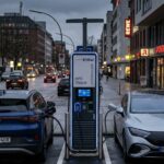 Öffentliche Schnellladestation für Elektroautos mit zwei ladeenden Fahrzeugen am Abend