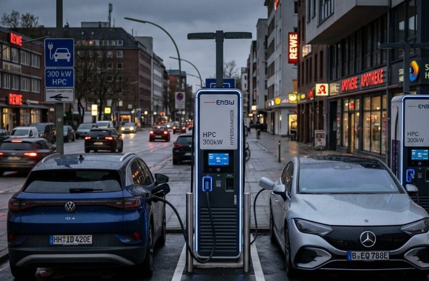 Öffentliche Schnellladestation für Elektroautos mit zwei ladeenden Fahrzeugen am Abend