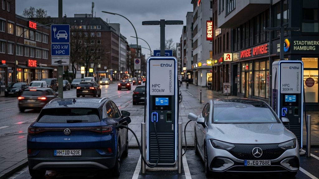 Öffentliche Schnellladestation für Elektroautos mit zwei ladeenden Fahrzeugen am Abend