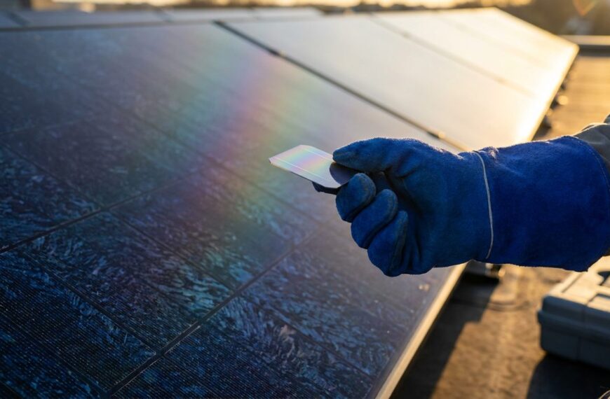 Perowskit-Silizium-Tandemsolarzelle: Laborzelle vor einer Photovoltaik-Dachanlage im Abendlicht