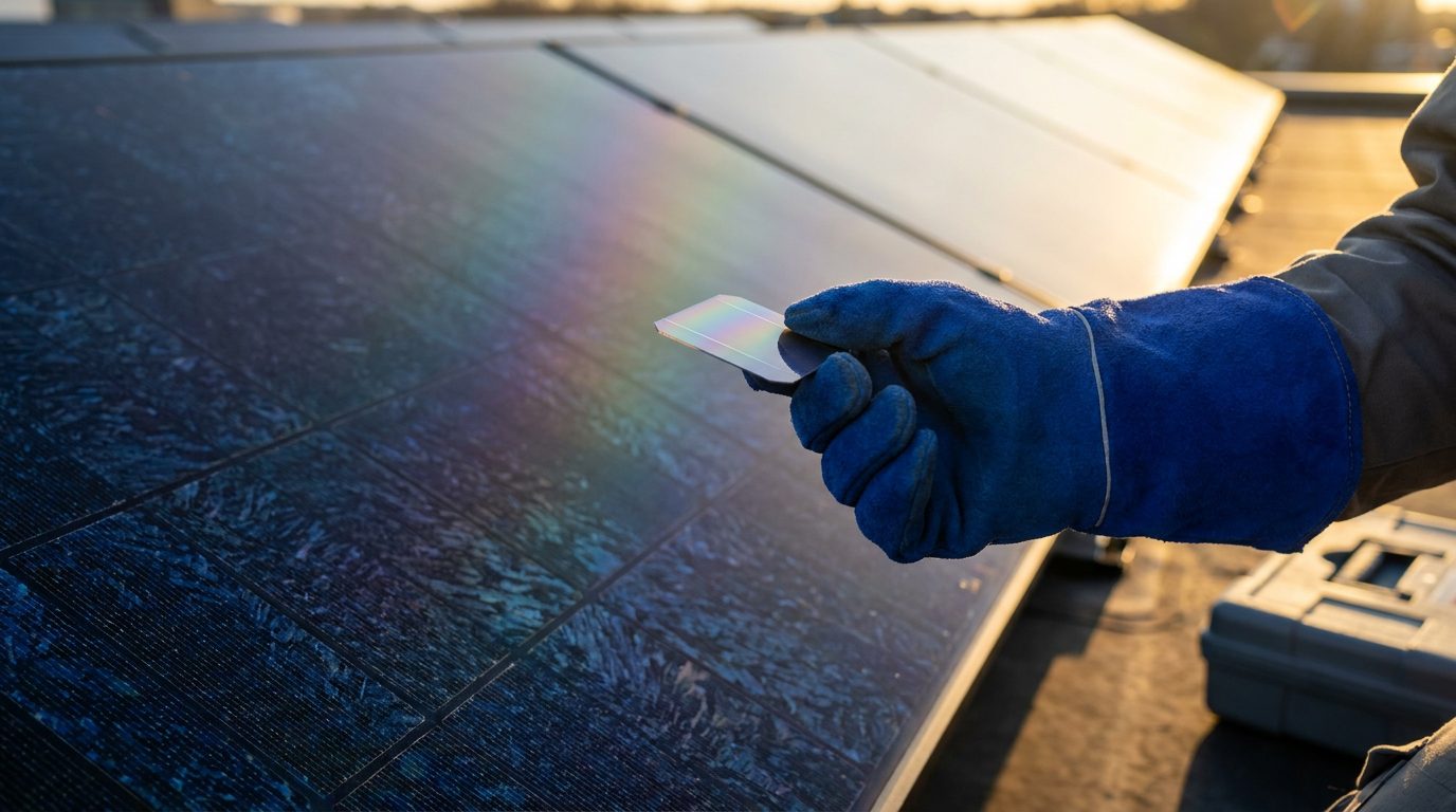Perowskit-Silizium-Tandemsolarzelle: Laborzelle vor einer Photovoltaik-Dachanlage im Abendlicht