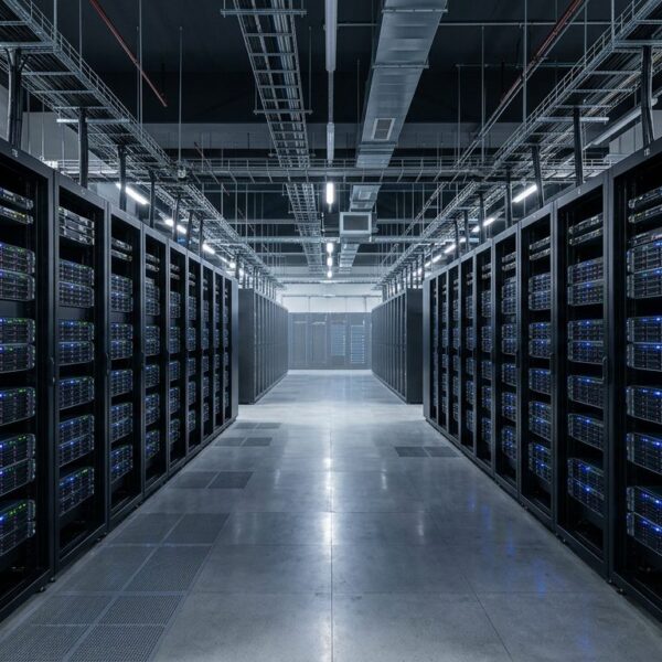 Kaltgang eines modernen Rechenzentrums mit Serverracks und Status-LEDs (Symbolbild)
