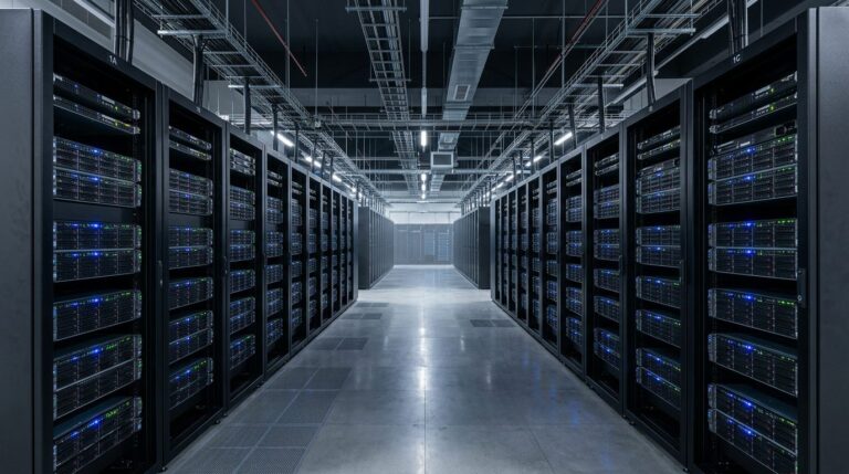 Kaltgang eines modernen Rechenzentrums mit Serverracks und Status-LEDs (Symbolbild)