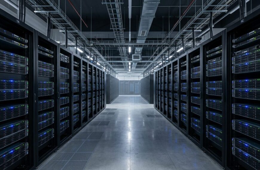 Kaltgang eines modernen Rechenzentrums mit Serverracks und Status-LEDs (Symbolbild)