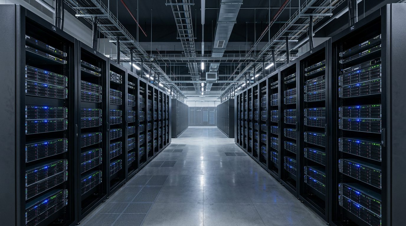 Kaltgang eines modernen Rechenzentrums mit Serverracks und Status-LEDs (Symbolbild)