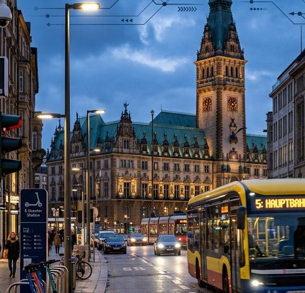Vernetzte Straßenkreuzung einer deutschen Großstadt mit smarter Ampel und Elektrobus