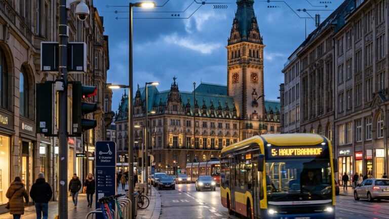 Vernetzte Straßenkreuzung einer deutschen Großstadt mit smarter Ampel und Elektrobus
