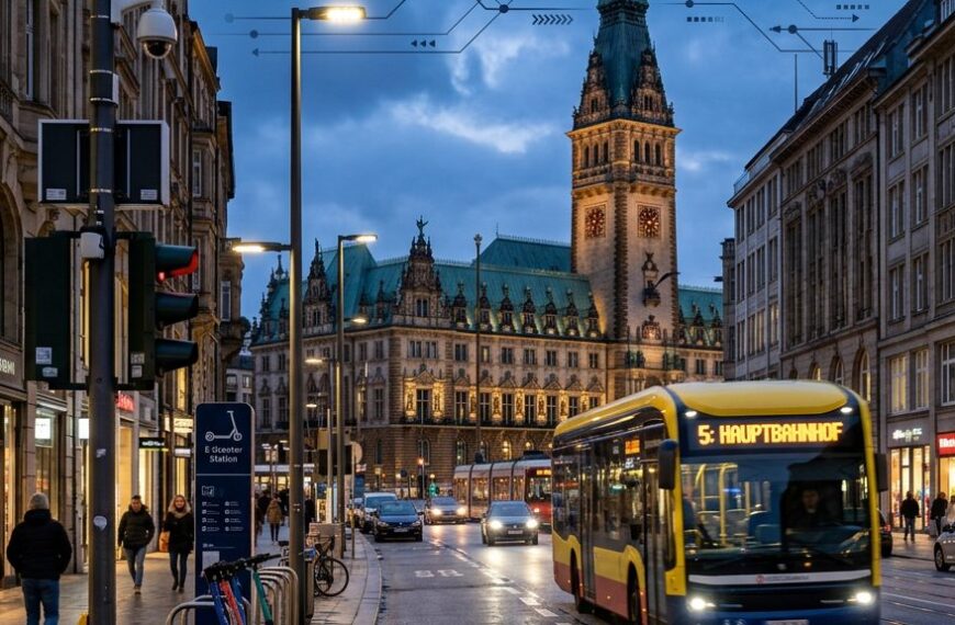 Vernetzte Straßenkreuzung einer deutschen Großstadt mit smarter Ampel und Elektrobus
