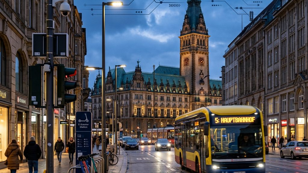 Vernetzte Straßenkreuzung einer deutschen Großstadt mit smarter Ampel und Elektrobus