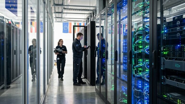 Serverracks in einem europäischen Rechenzentrum – Symbolbild für souveräne Cloud-Infrastruktur