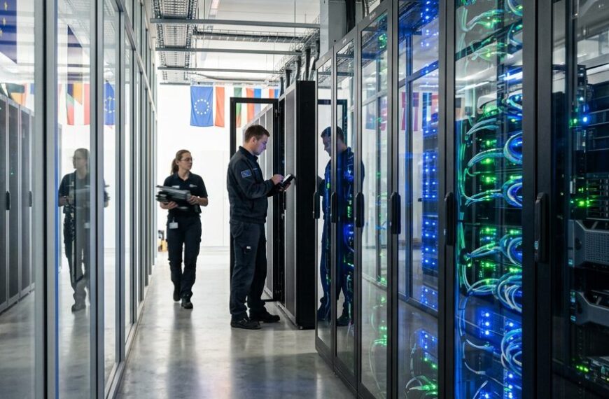 Serverracks in einem europäischen Rechenzentrum – Symbolbild für souveräne Cloud-Infrastruktur