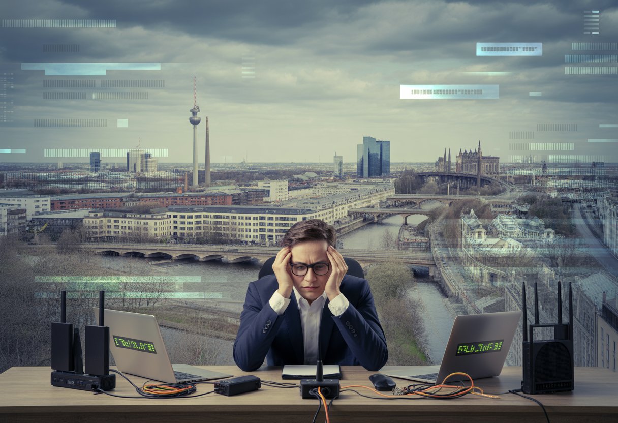 Ein Ingenieur sitzt an einem Schreibtisch mit technischen Geräten und sieht frustriert aus, im Hintergrund eine deutsche Stadt mit Brücken und Fabriken unter bewölktem Himmel.