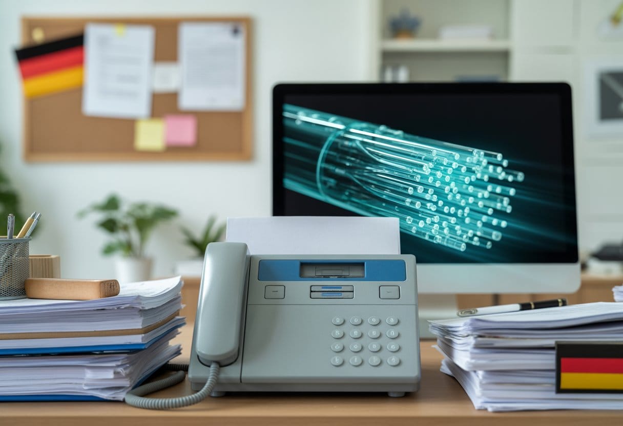 Ein Büro mit einem Faxgerät auf dem Schreibtisch und im Hintergrund ein Computerbildschirm mit einer Darstellung von Glasfaserkabeln.