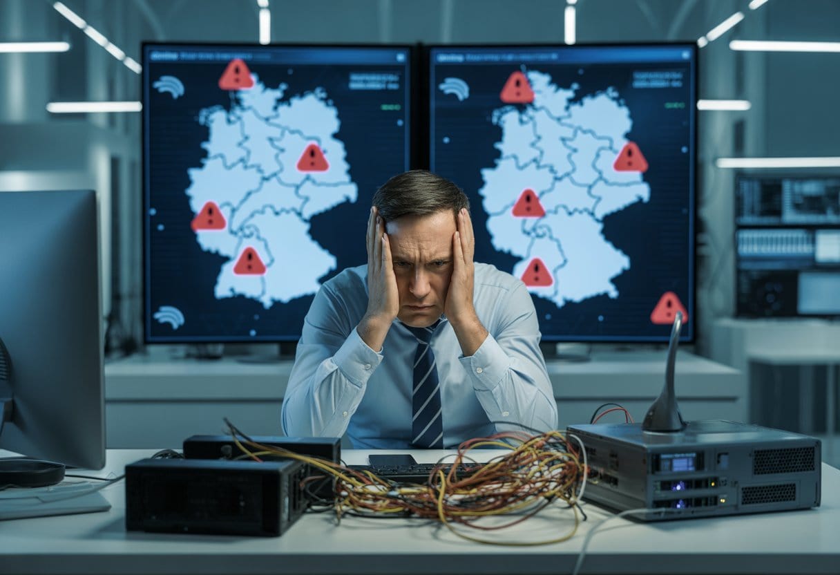 Ein Ingenieur sitzt an einem Schreibtisch mit veralteter Computertechnik vor einem Bildschirm, der eine digitale Karte Deutschlands mit Warnsymbolen zeigt.