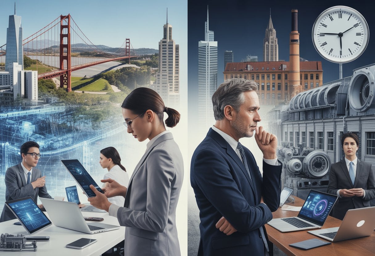 Eine Szene, die junge Fachleute in einem modernen Büro zeigt, die digitale Geräte benutzen, gegenüber einem älteren Geschäftsmann in einer traditionellen Industrieumgebung mit veralteter Technik.