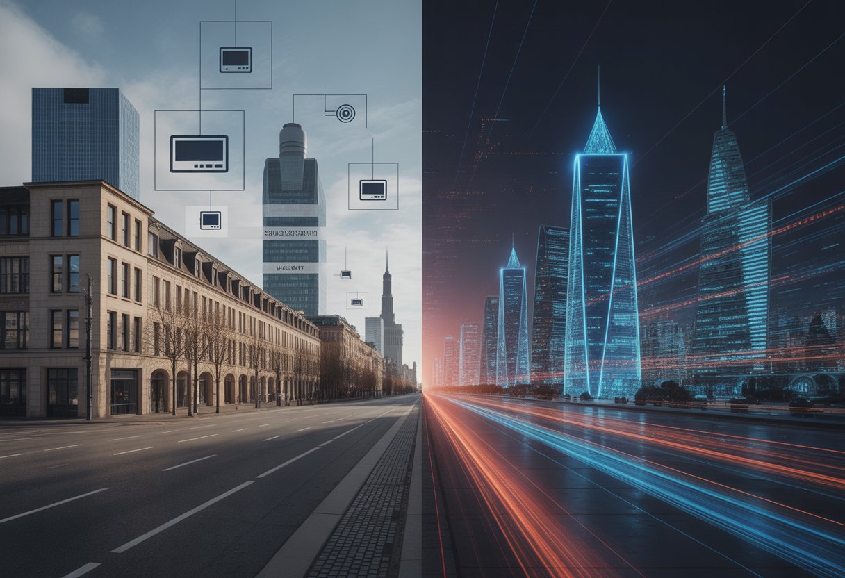 Eine Gegenüberstellung einer deutschen Stadt mit traditionellen Gebäuden und veralteter Technologie neben einem modernen, lebendigen Silicon-Valley-Technologiezentrum.