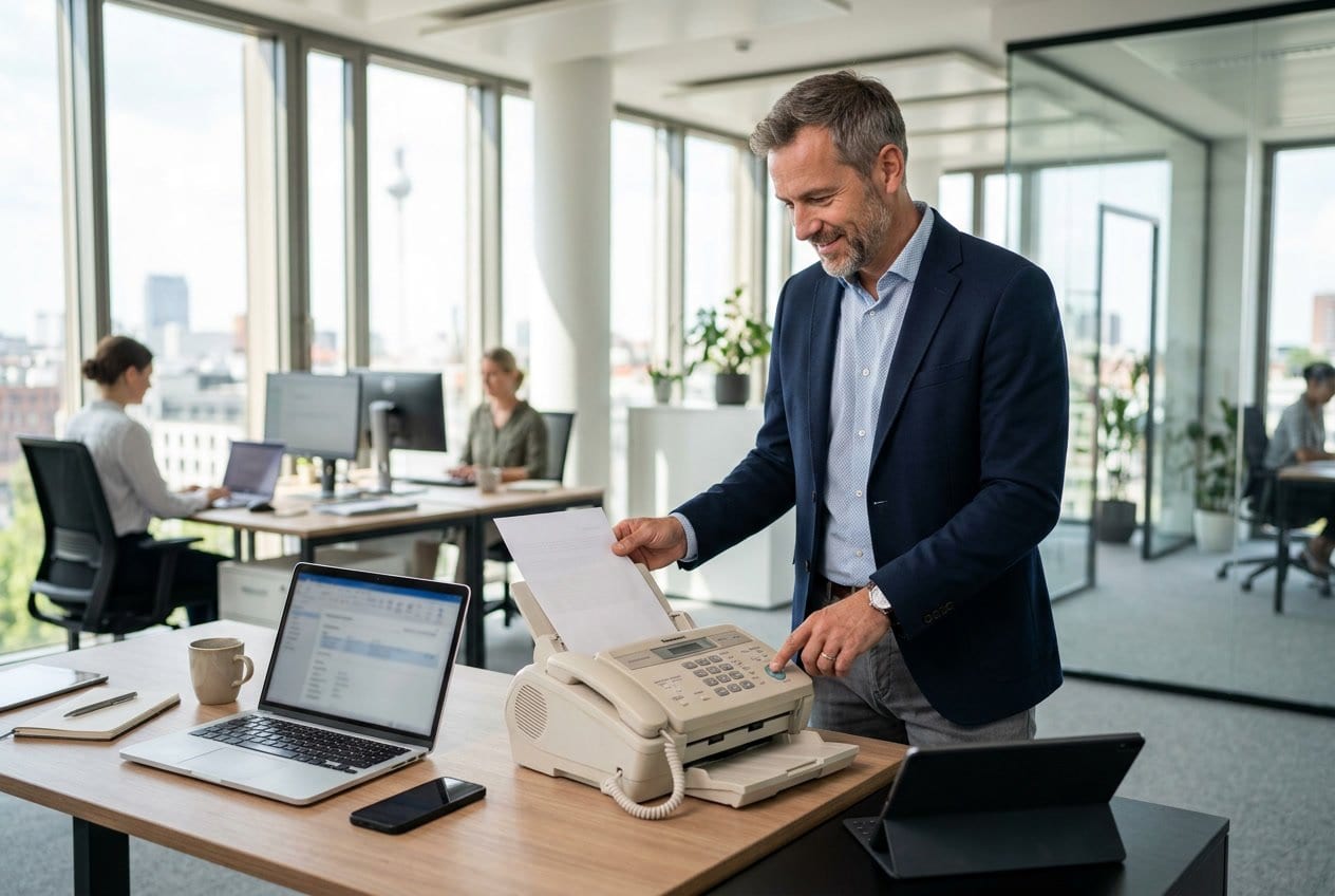 Ein Büro mit einem Geschäftsmann, der an einem Faxgerät arbeitet, umgeben von modernen digitalen Geräten.