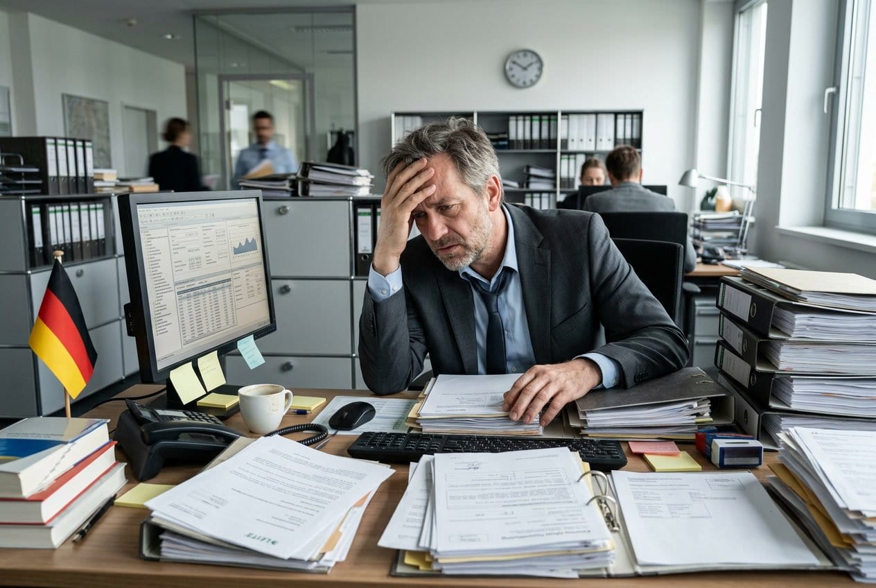 Ein gestresster Büroangestellter sitzt an einem überfüllten Schreibtisch mit vielen Akten und Dokumenten und hält sich den Kopf vor Erschöpfung.