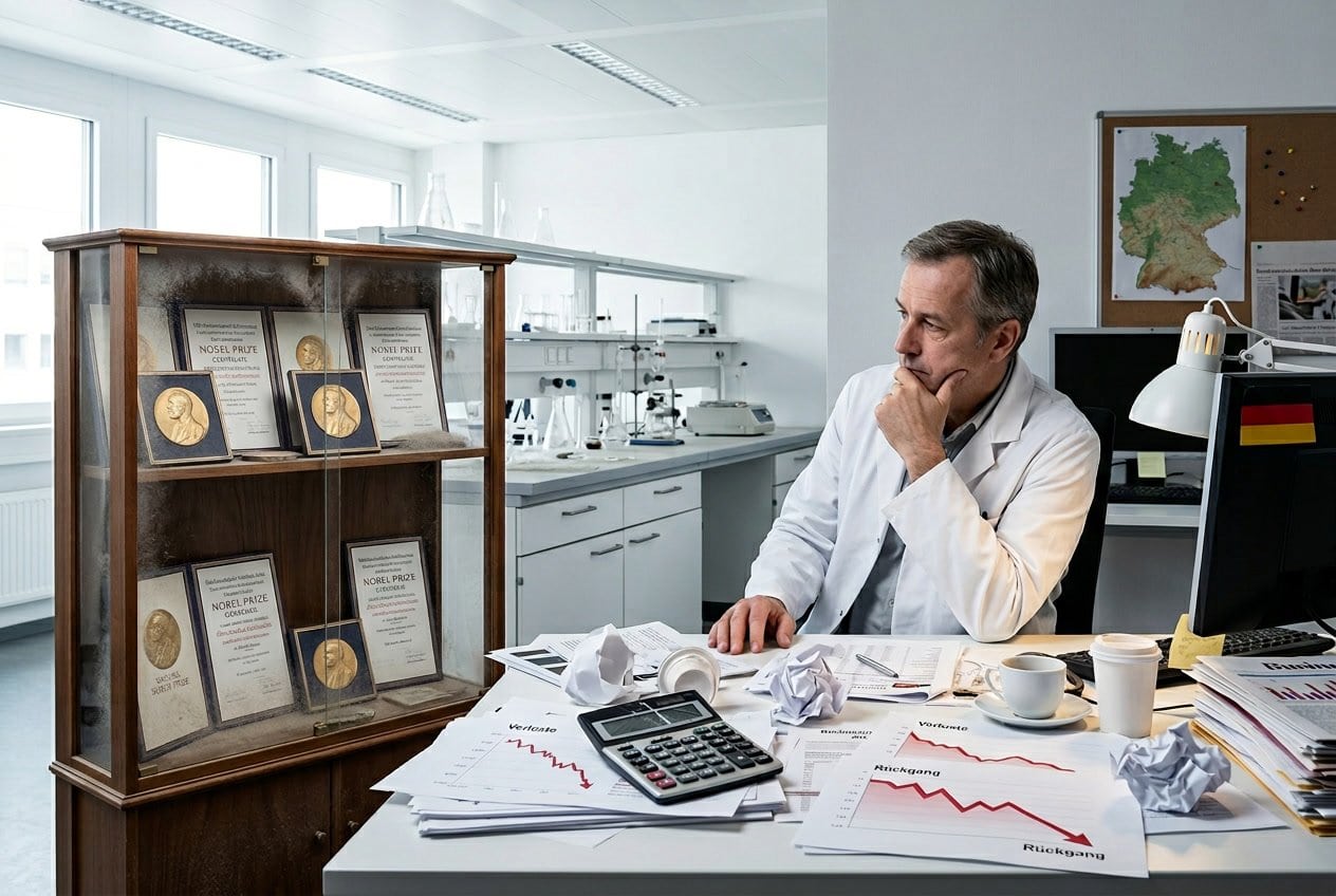 Ein Labor mit verstaubten Nobelpreisen im Regal und ein Schreibtisch mit Finanzunterlagen und kaputten Taschenrechnern, die wirtschaftliche Probleme darstellen.