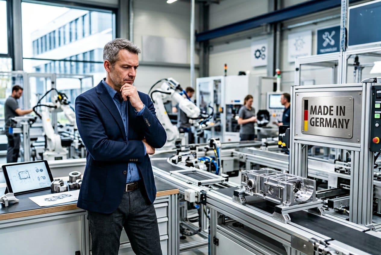 Ein nachdenklicher Geschäftsmann in einer modernen Fabrikumgebung mit einem 'Made in Germany'-Emblem, umgeben von technischen Geräten und Symbolen für Innovation.