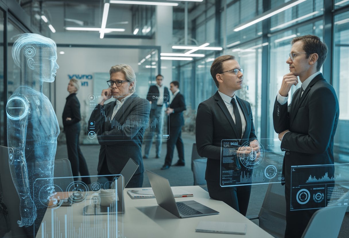 Geschäftsleute in einem modernen Büro beobachten digitale Datenanzeigen, während futuristische KI-Technologie im Hintergrund sichtbar ist.